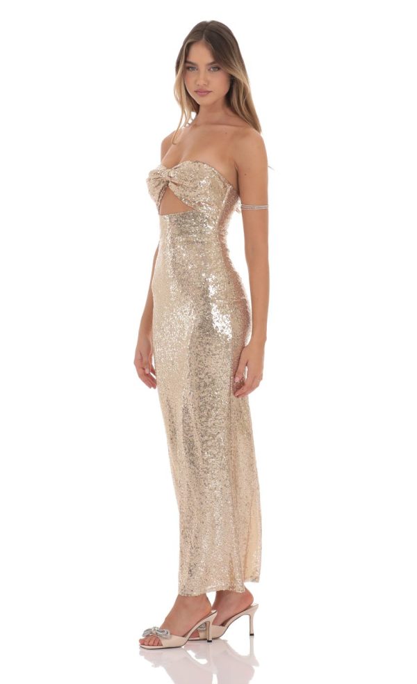 Sequin Bow Cutout Maxi Dress in Gold - Image 3