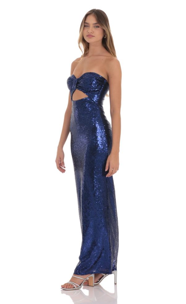 Sequin Twist Cutout Maxi Dress in Navy - Image 3