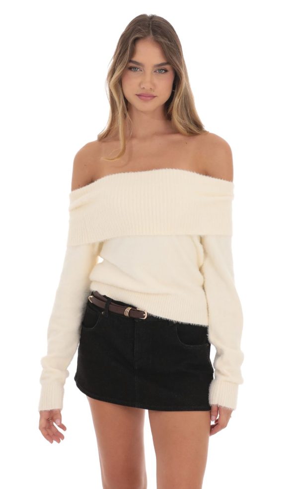 Fuzzy Off Shoulder Jumper in Cream