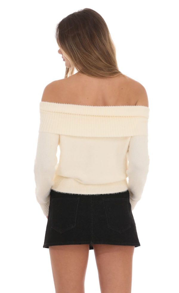 Fuzzy Off Shoulder Jumper in Cream - Image 2