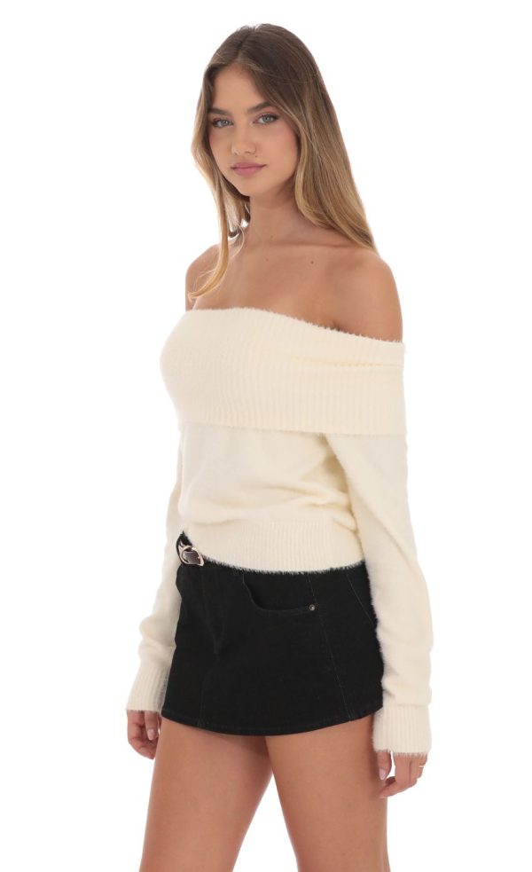 Fuzzy Off Shoulder Jumper in Cream - Image 3
