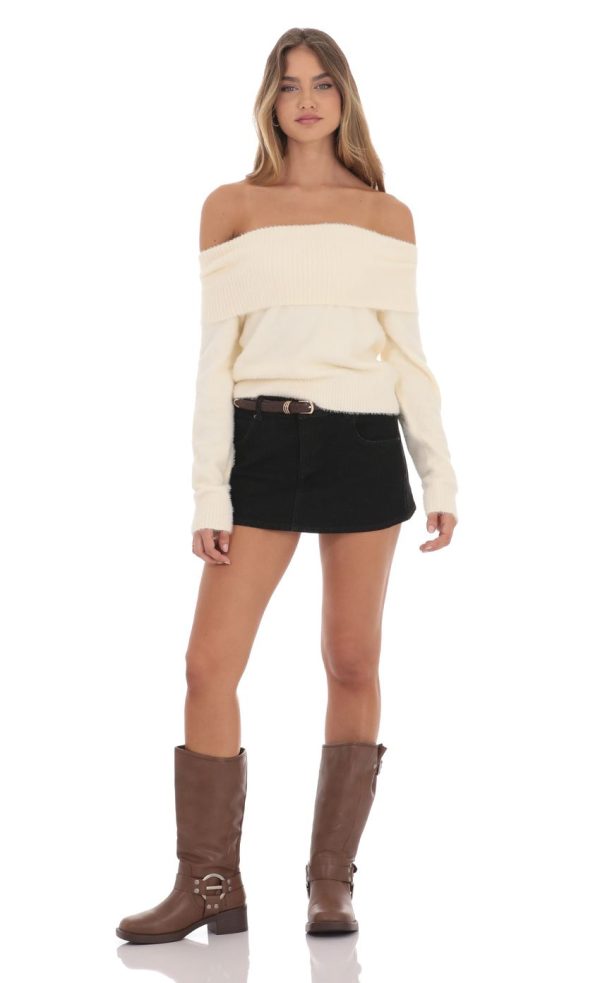 Fuzzy Off Shoulder Jumper in Cream - Image 4