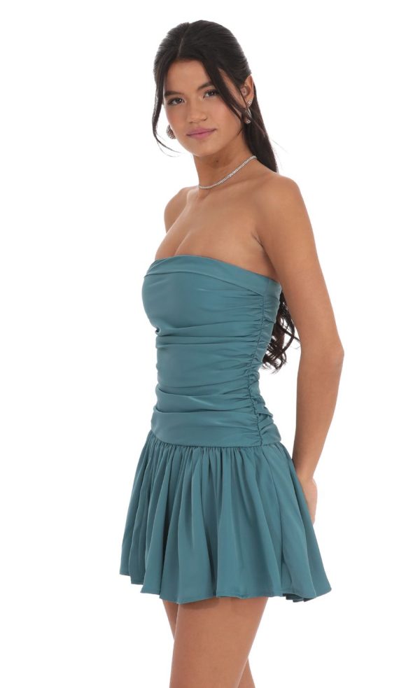 Strapless Ruched Flare Dress in Blue Teal - Image 3