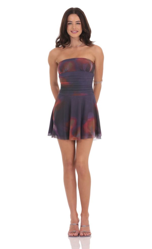 Mesh Print Fit and Flare Dress in Purple - Image 4