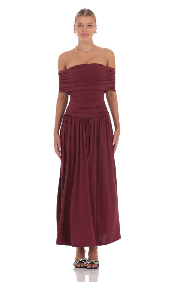 Off Shoulder Drop Waist Maxi Dress in Burgundy