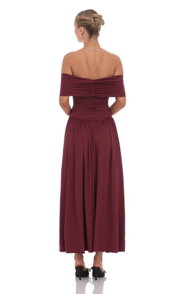 Off Shoulder Drop Waist Maxi Dress in Burgundy - Image 2