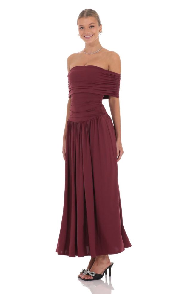 Off Shoulder Drop Waist Maxi Dress in Burgundy - Image 3