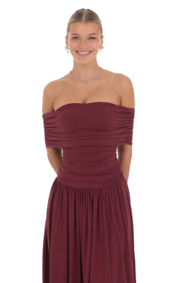 Off Shoulder Drop Waist Maxi Dress in Burgundy - Image 4