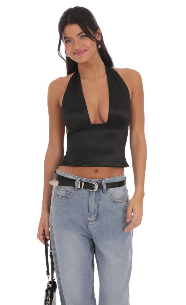 Satin Halter Top in Black