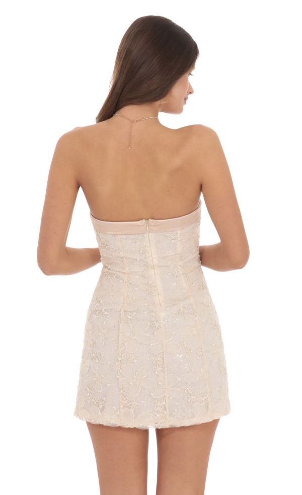 Strapless Floral Shimmer Sequin Dress in Cream - Image 2