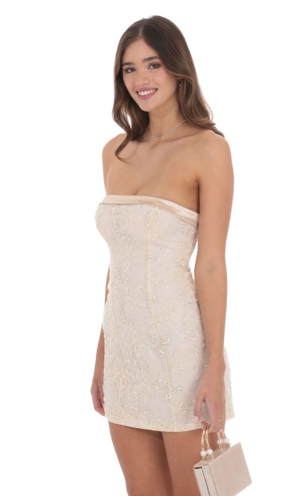 Strapless Floral Shimmer Sequin Dress in Cream - Image 3
