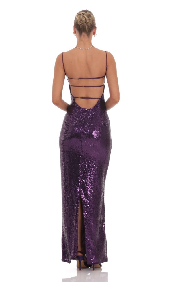 Sequin Open Back Maxi Dress in Purple - Image 3