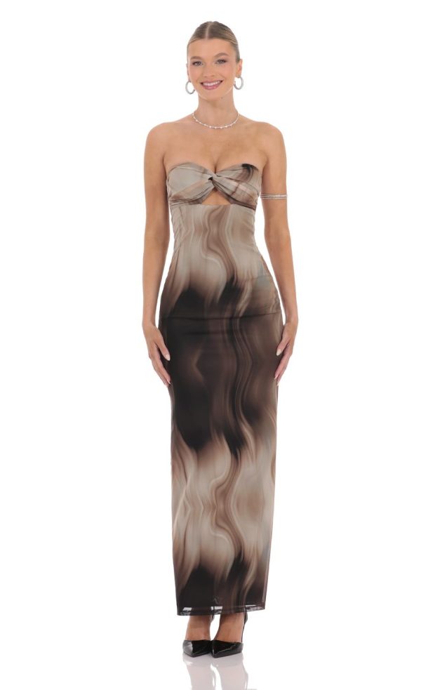 Swirl Mesh Cutout Maxi Dress in Coffee