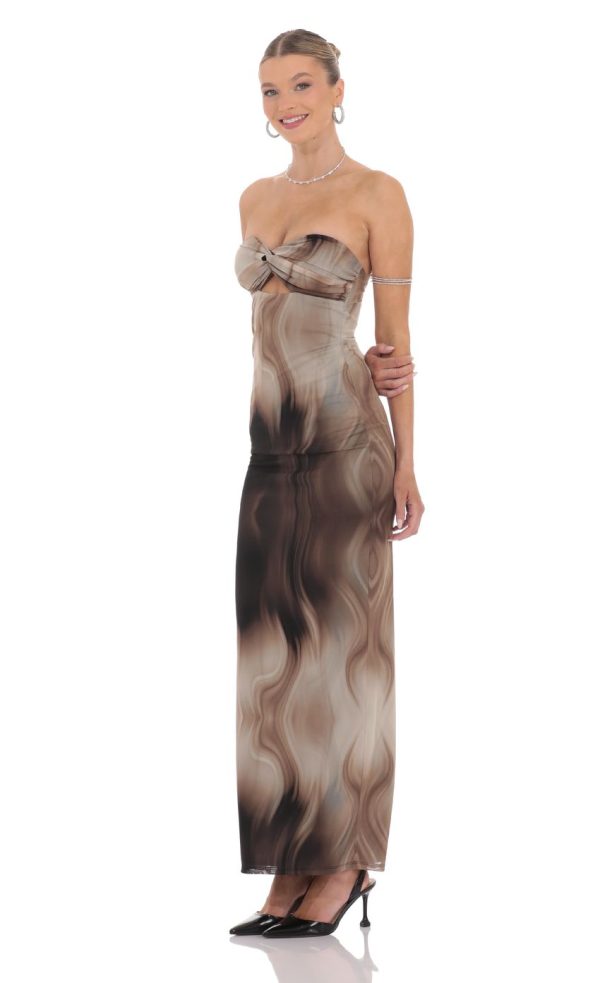 Swirl Mesh Cutout Maxi Dress in Coffee - Image 3