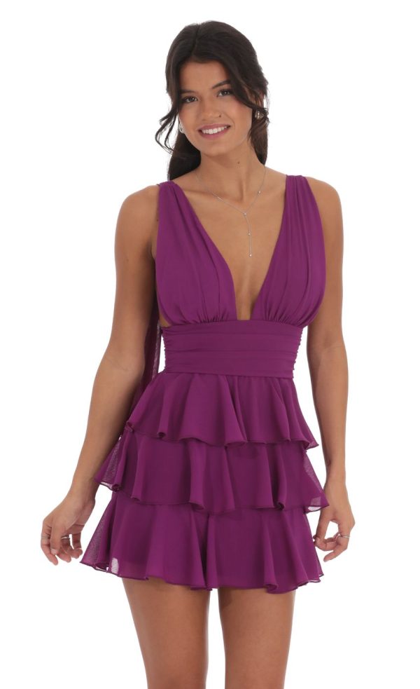 Plunge Neck Ruffle Dress in Purple - Image 3