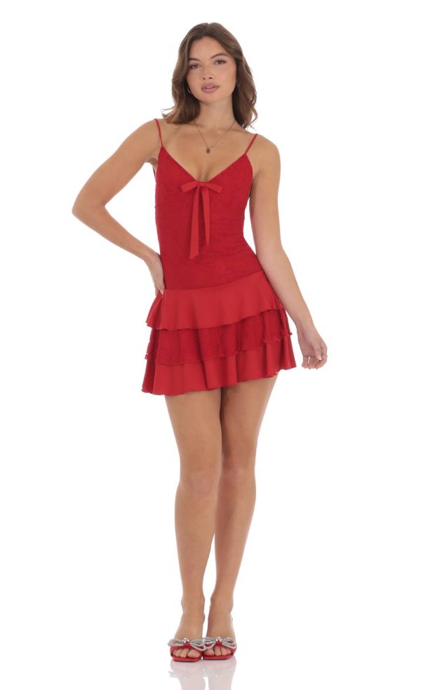 Lace Ruffle Bow Dress in Red - Image 3