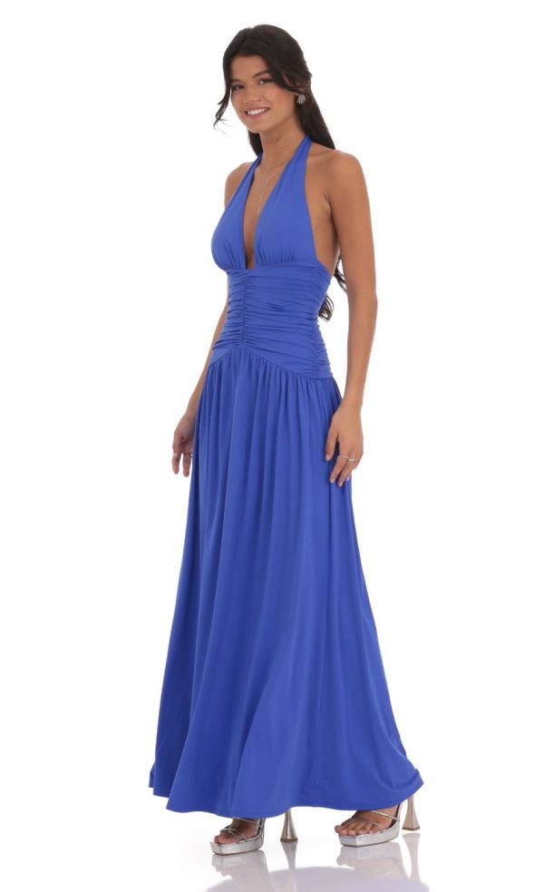 Halter Ruched Cinched Maxi Dress in Blue
