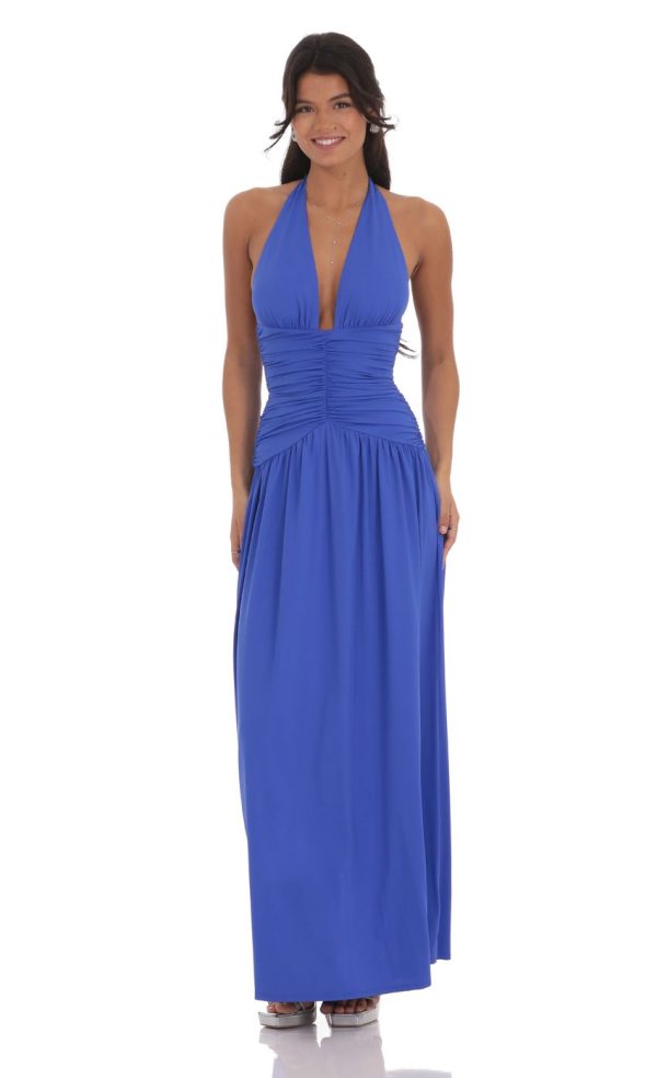 Halter Ruched Cinched Maxi Dress in Blue - Image 2