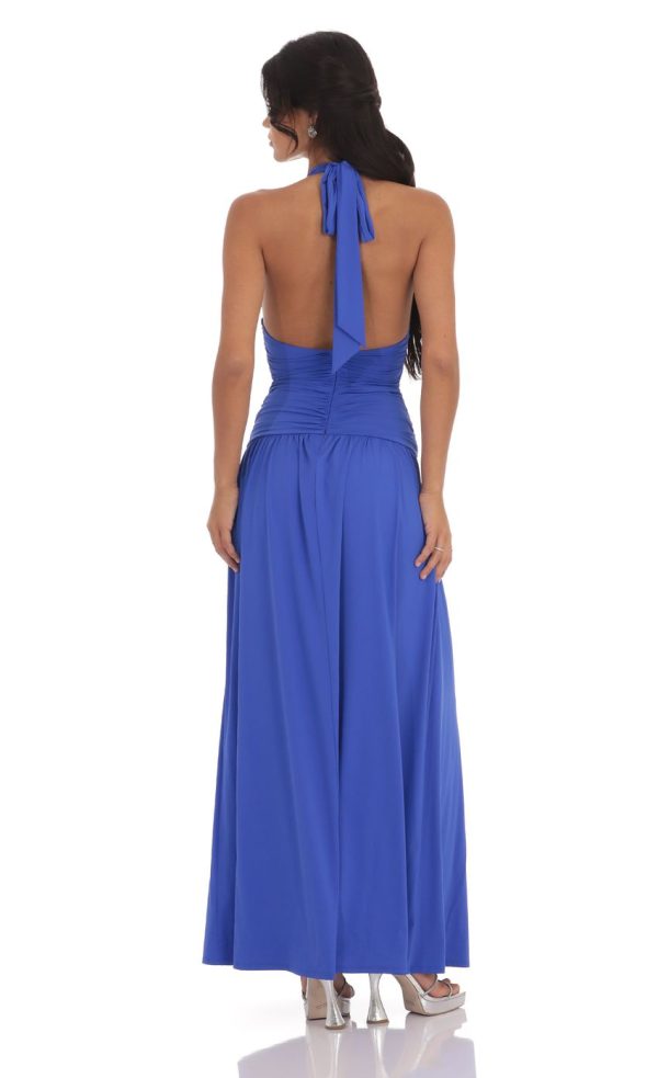 Halter Ruched Cinched Maxi Dress in Blue - Image 3