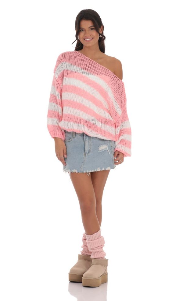 Open Knit Striped Jumper in Pink and White