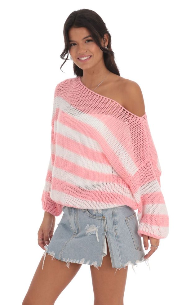 Open Knit Striped Jumper in Pink and White - Image 3