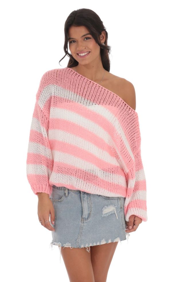Open Knit Striped Jumper in Pink and White - Image 4
