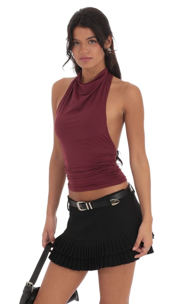 Mock Neck Halter Top in Burgundy - Image 3