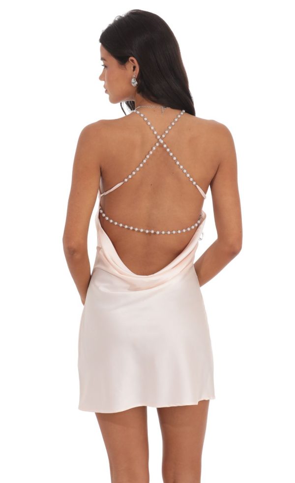 Satin Pearl Halter Dress in Cream