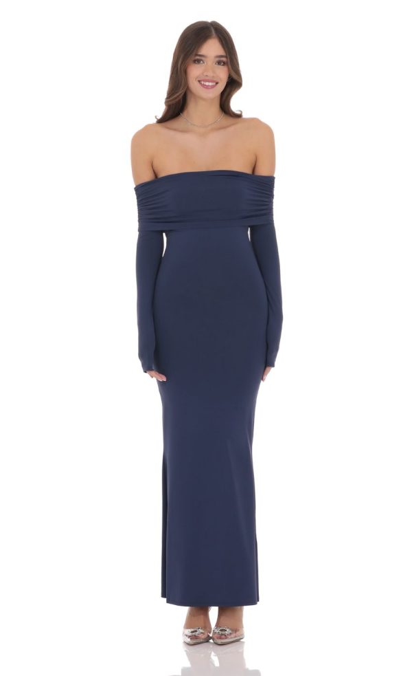 Off Shoulder Open Back Maxi Dress in Navy - Image 2
