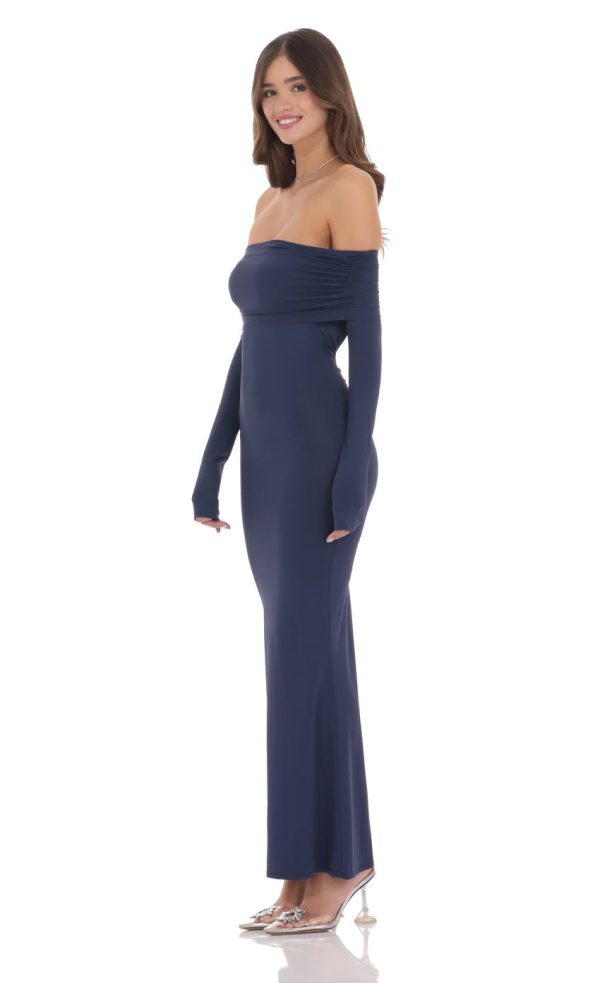 Off Shoulder Open Back Maxi Dress in Navy - Image 3