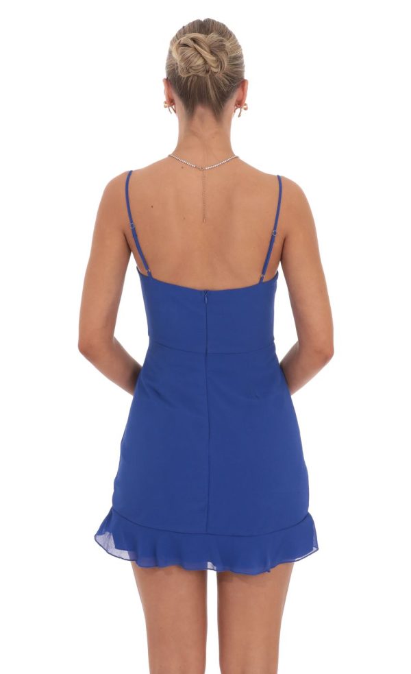 Chiffon Cowl Neck Ruched Dress in Blue - Image 2
