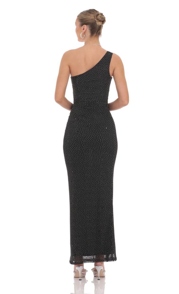 One Shoulder Rhinestone Maxi Dress in Black - Image 2