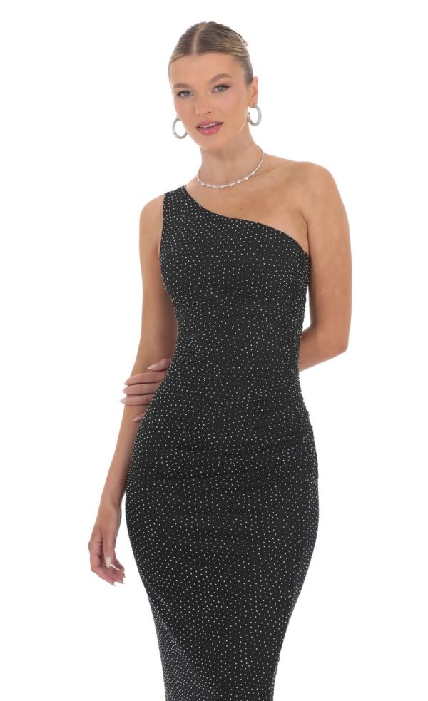 One Shoulder Rhinestone Maxi Dress in Black - Image 4
