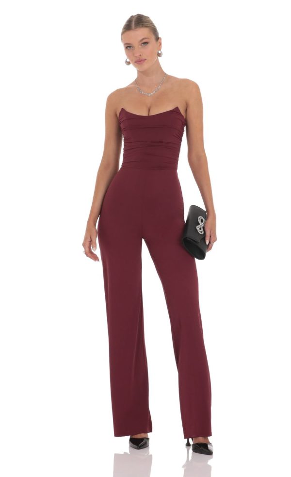 Strapless Pointed Corset Jumpsuit in Burgundy