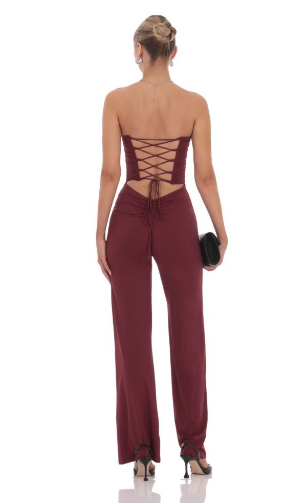 Strapless Pointed Corset Jumpsuit in Burgundy - Image 2