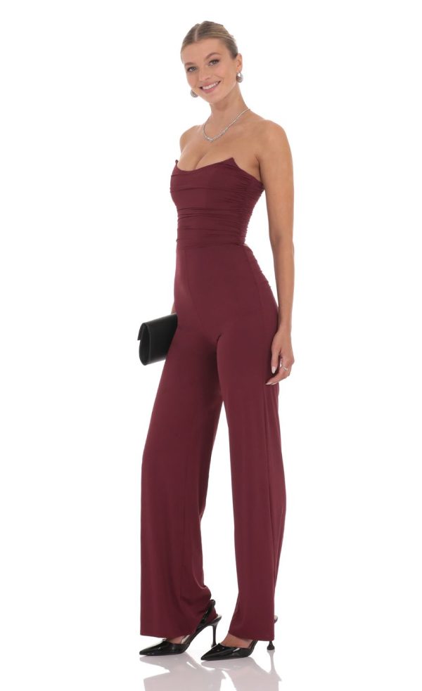 Strapless Pointed Corset Jumpsuit in Burgundy - Image 3