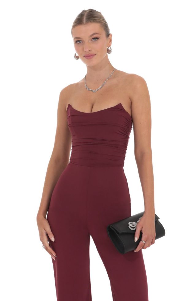 Strapless Pointed Corset Jumpsuit in Burgundy - Image 4