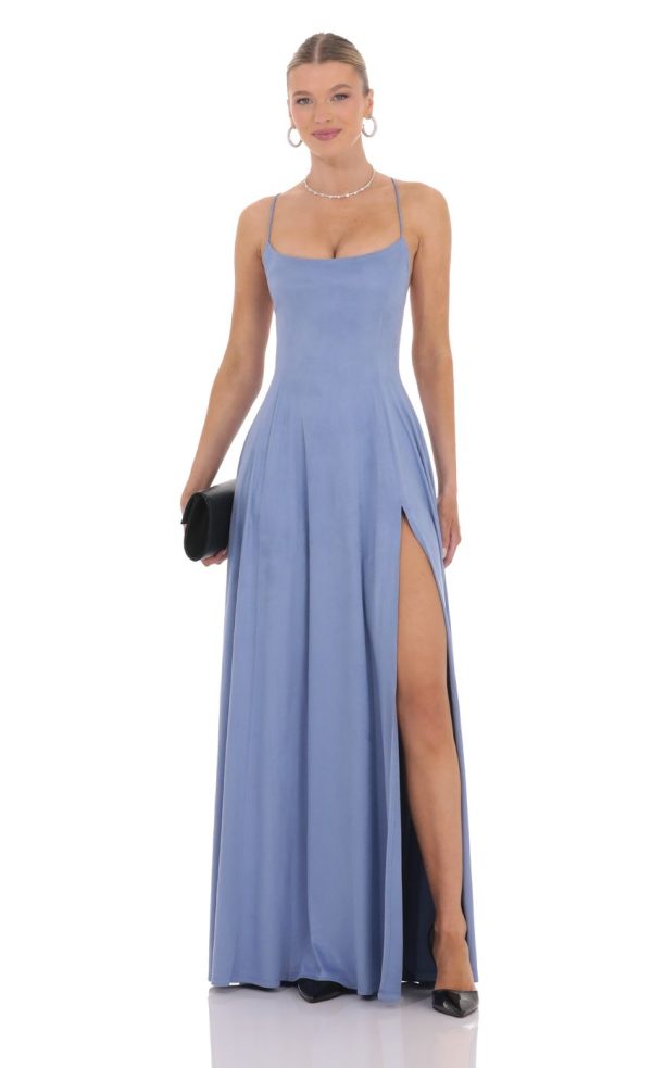 Suede Flowy Maxi Dress in Sky Blue