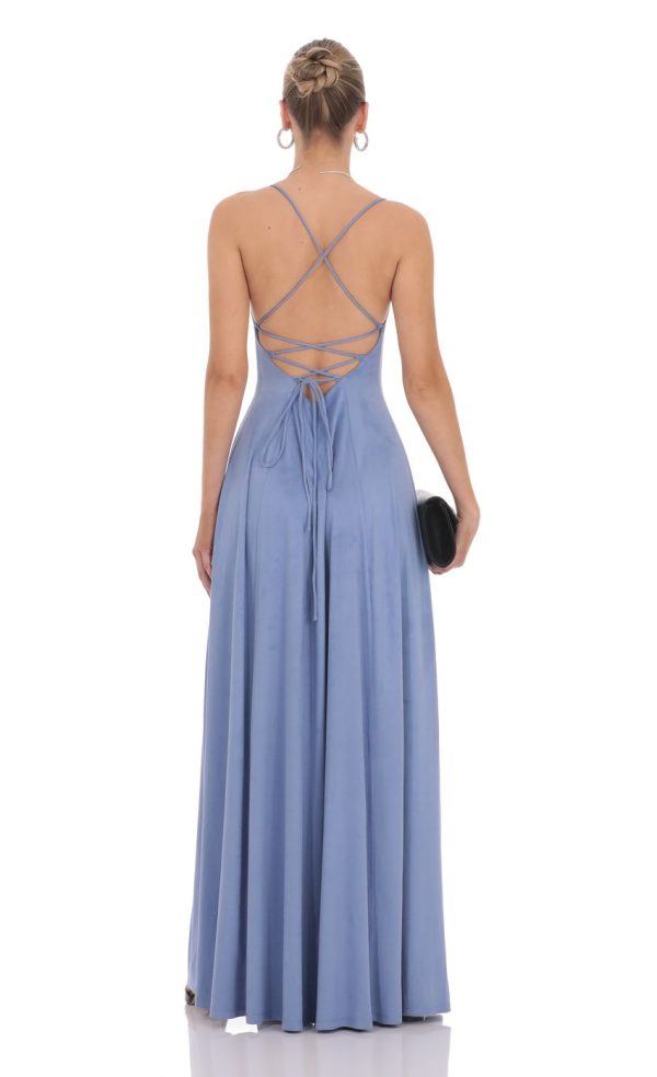 Suede Flowy Maxi Dress in Sky Blue - Image 2