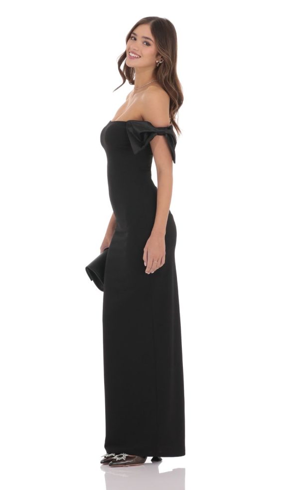 Off Shoulder Bow Sleeve Maxi Dress in Black - Image 3