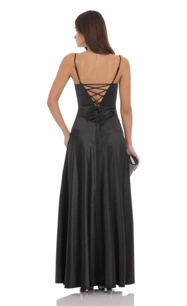 Satin Square Neck Maxi Dress in Black - Image 2