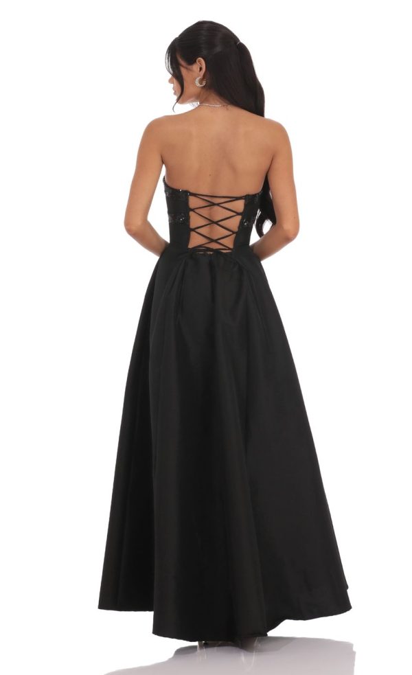 Sequin Draped Strapless Gown in Black - Image 2