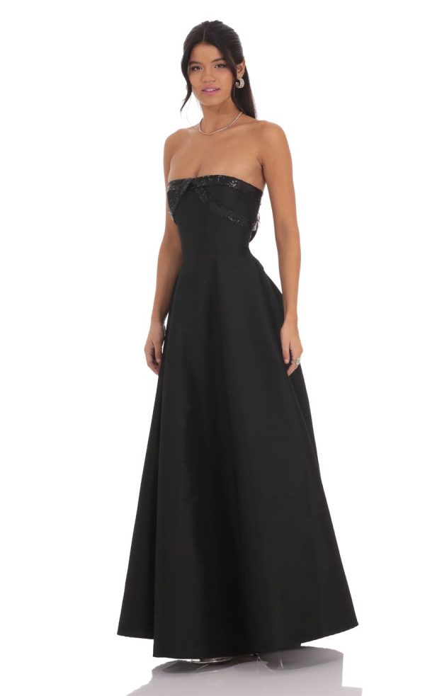 Sequin Draped Strapless Gown in Black - Image 3