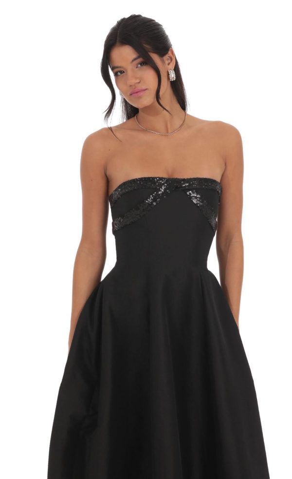 Sequin Draped Strapless Gown in Black - Image 4