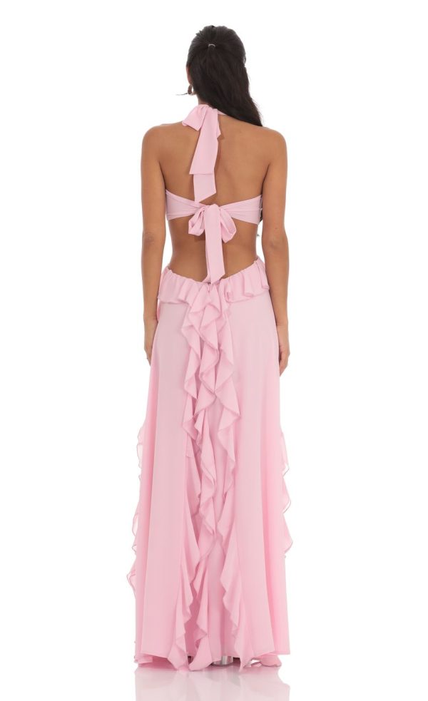 Chiffon Cutout Ruffle Maxi Dress in Pink - Image 2