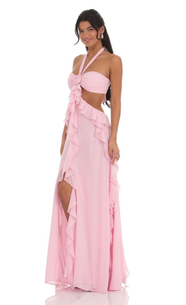 Chiffon Cutout Ruffle Maxi Dress in Pink - Image 3