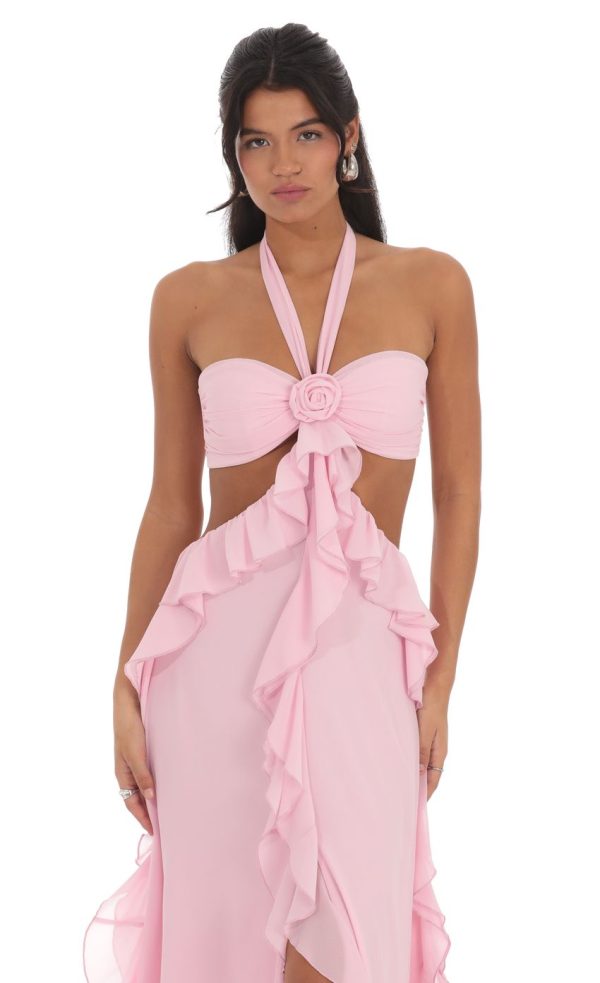 Chiffon Cutout Ruffle Maxi Dress in Pink - Image 4