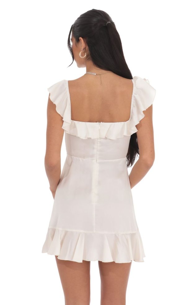 Satin Ruffle Mini Dress in Ivory - Image 2