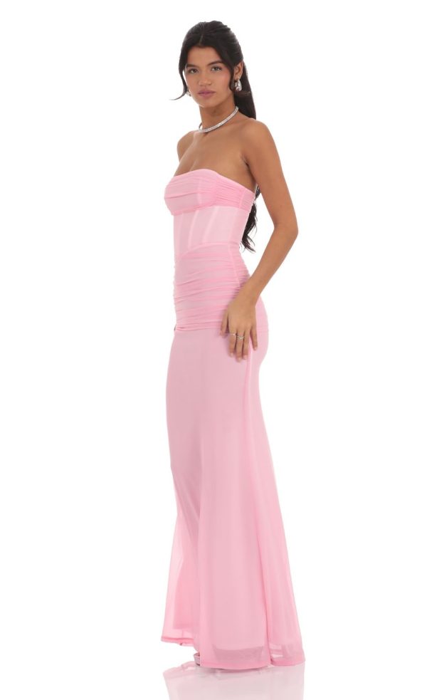Mesh Strapless Corset Maxi Dress in Pink - Image 3