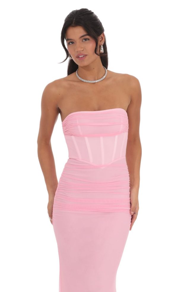 Mesh Strapless Corset Maxi Dress in Pink - Image 4